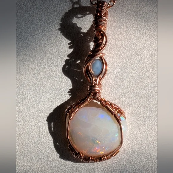Mystical Opal Amulet Necklace Artisan Copper Wire Wrap With Dainty Chain - Picture 15 of 15